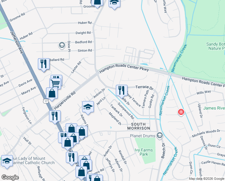 map of restaurants, bars, coffee shops, grocery stores, and more near 797 Terrace Drive in Newport News