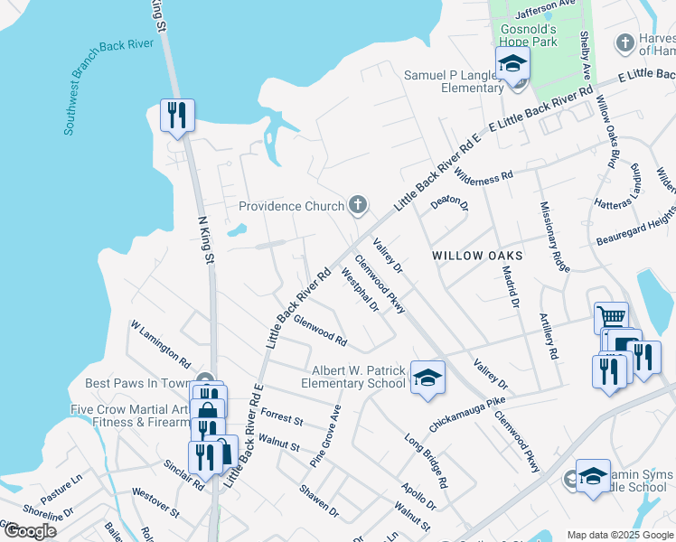 map of restaurants, bars, coffee shops, grocery stores, and more near 714 East Little Back River Road in Hampton