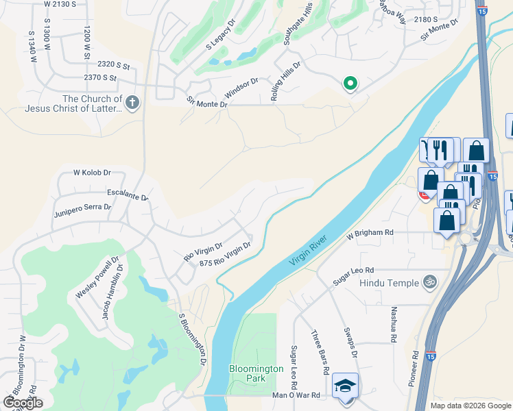 map of restaurants, bars, coffee shops, grocery stores, and more near 656 Rio Virgin Drive in St. George