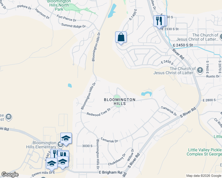 map of restaurants, bars, coffee shops, grocery stores, and more near 2821 Juniper Circle in St. George