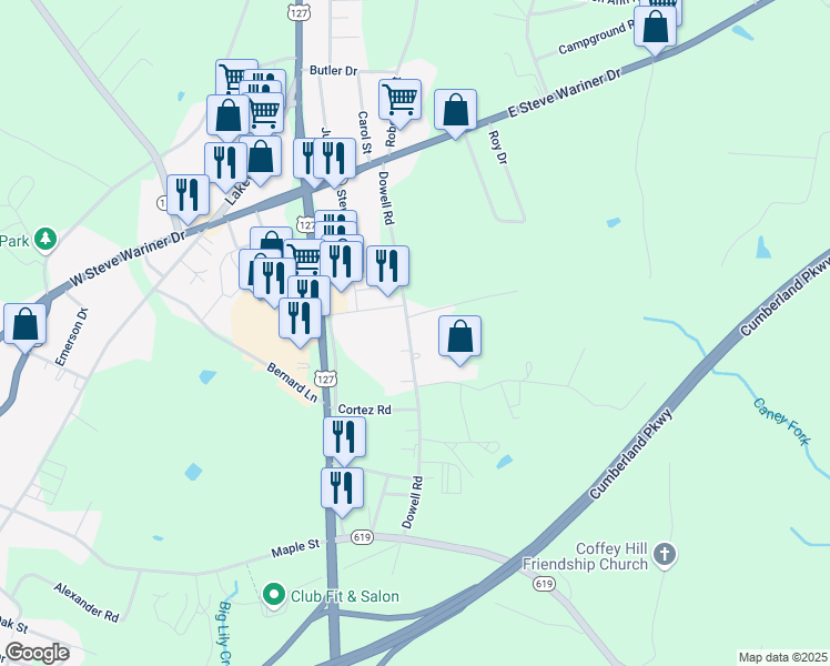 map of restaurants, bars, coffee shops, grocery stores, and more near Dowell Road in Russell Springs
