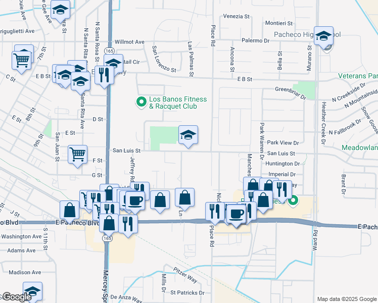 map of restaurants, bars, coffee shops, grocery stores, and more near 1750 San Luis Street in Los Banos