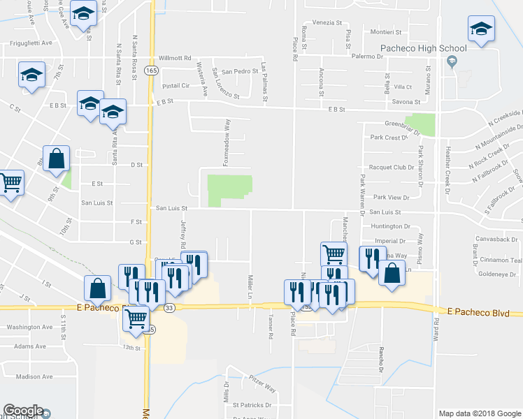 map of restaurants, bars, coffee shops, grocery stores, and more near 1750 San Luis Street in Los Banos