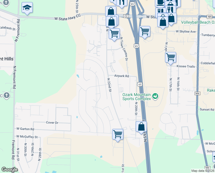 map of restaurants, bars, coffee shops, grocery stores, and more near 4800 North 22nd Street in Ozark