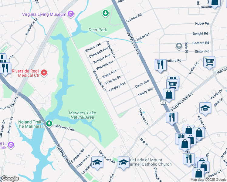 map of restaurants, bars, coffee shops, grocery stores, and more near 8 Langley Avenue in Newport News