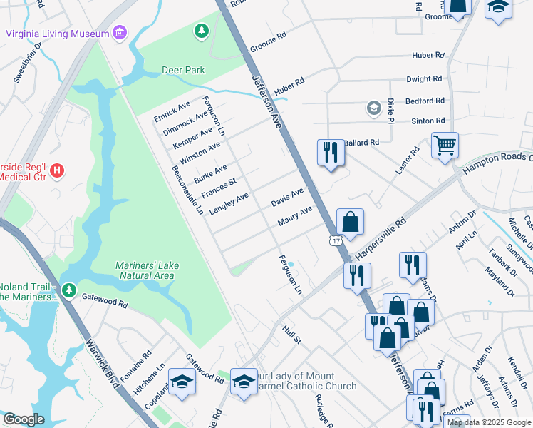 map of restaurants, bars, coffee shops, grocery stores, and more near 23 Davis Avenue in Newport News
