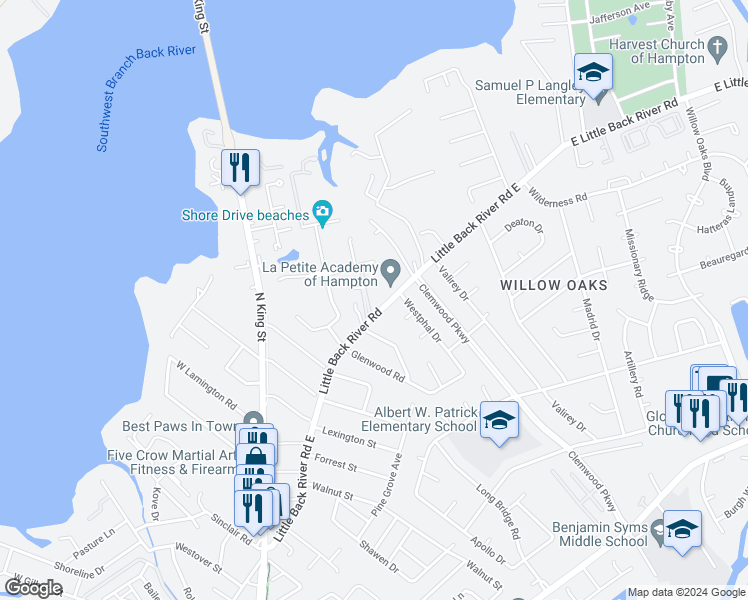 map of restaurants, bars, coffee shops, grocery stores, and more near 4 Hiram Crockett Court in Hampton