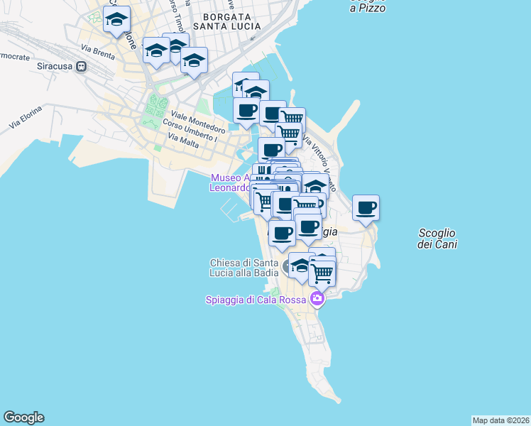 map of restaurants, bars, coffee shops, grocery stores, and more near 36 Via dei Cordari in Siracusa