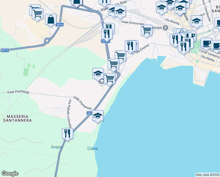 map of restaurants, bars, coffee shops, grocery stores, and more near 51 Via Elorina in Siracusa