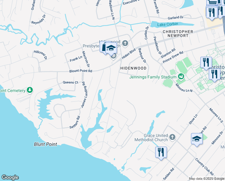 map of restaurants, bars, coffee shops, grocery stores, and more near 18 Madison Lane South in Newport News