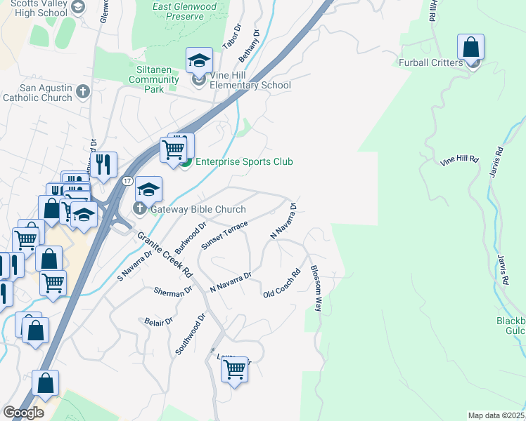 map of restaurants, bars, coffee shops, grocery stores, and more near 223 Sunset Terrace in Scotts Valley
