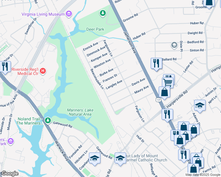 map of restaurants, bars, coffee shops, grocery stores, and more near 8 Langley Avenue in Newport News