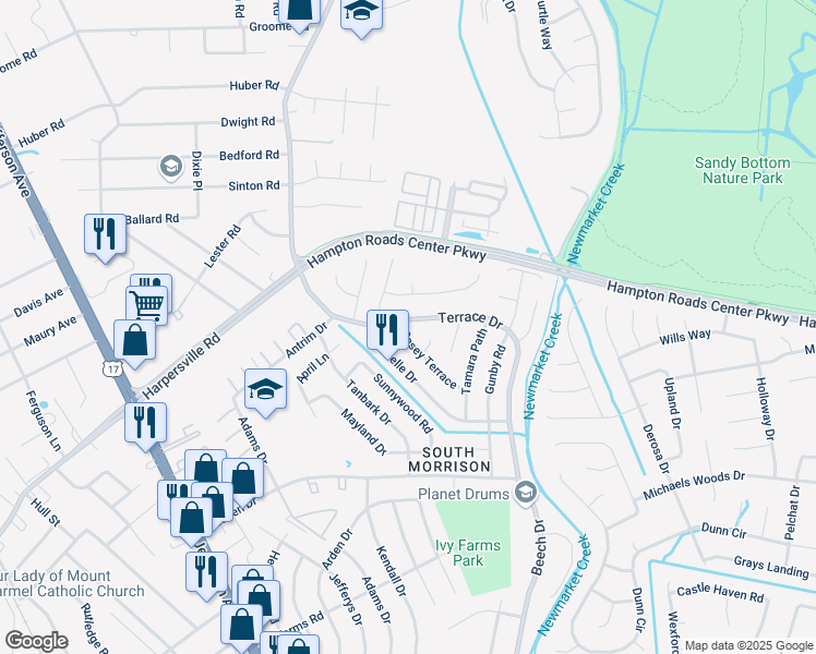 map of restaurants, bars, coffee shops, grocery stores, and more near 774 Terrace Drive in Newport News