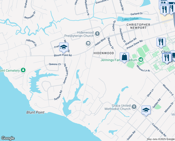 map of restaurants, bars, coffee shops, grocery stores, and more near 18 Madison Lane South in Newport News