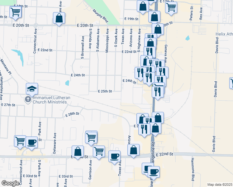 map of restaurants, bars, coffee shops, grocery stores, and more near 2900-2916 E 25th St in Joplin