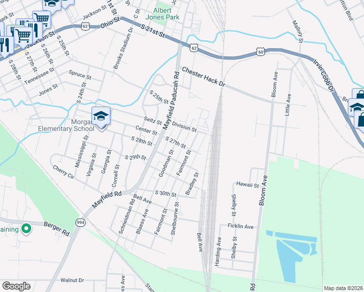 map of restaurants, bars, coffee shops, grocery stores, and more near South 27th Street in Paducah