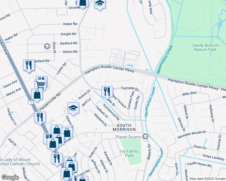 map of restaurants, bars, coffee shops, grocery stores, and more near 774 Terrace Drive in Newport News