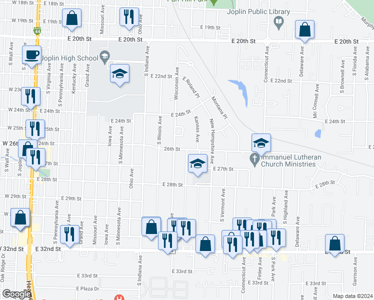map of restaurants, bars, coffee shops, grocery stores, and more near 2600 South Michigan Avenue in Joplin