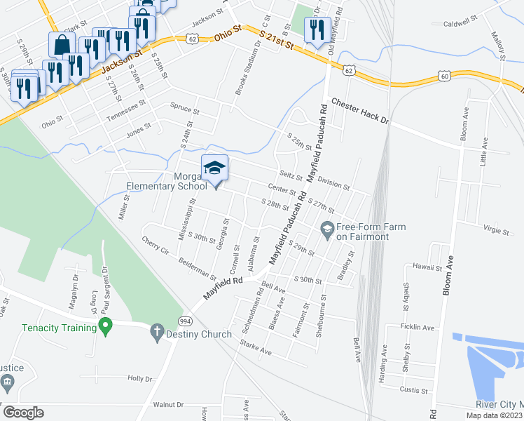 map of restaurants, bars, coffee shops, grocery stores, and more near 2811 Alabama Street in Paducah