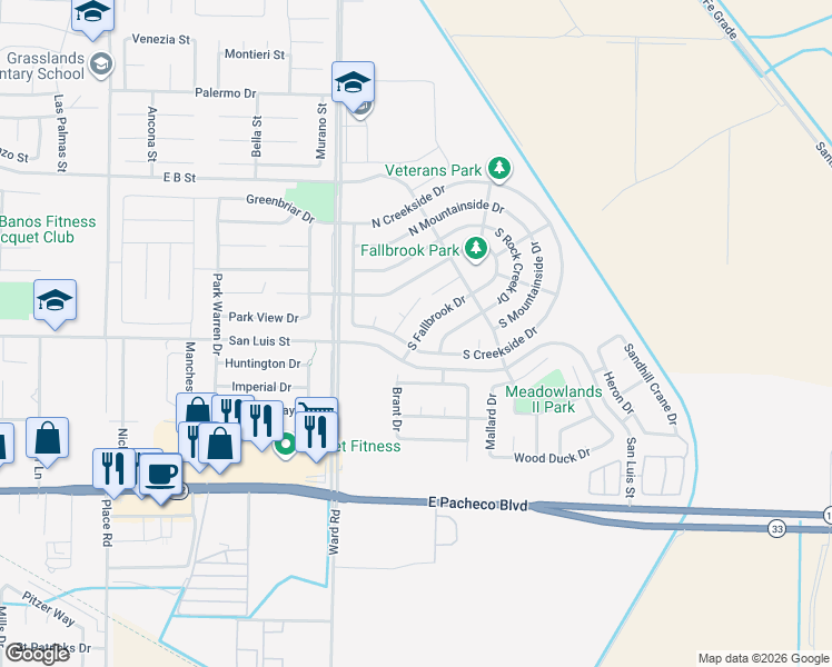 map of restaurants, bars, coffee shops, grocery stores, and more near 2332 South Fallbrook Drive in Los Banos