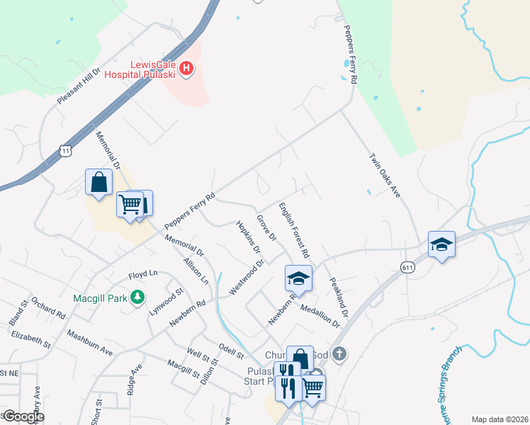 map of restaurants, bars, coffee shops, grocery stores, and more near 1401 Grove Drive in Pulaski
