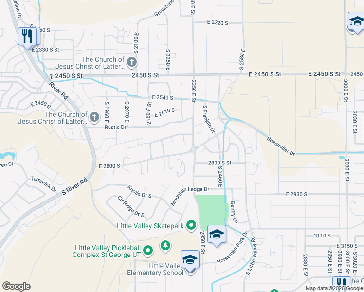 map of restaurants, bars, coffee shops, grocery stores, and more near 2748 2320 East Circle in St. George