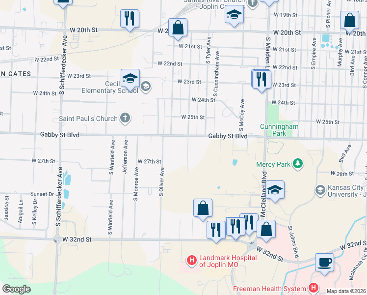 map of restaurants, bars, coffee shops, grocery stores, and more near 2612 South Adele Avenue in Joplin