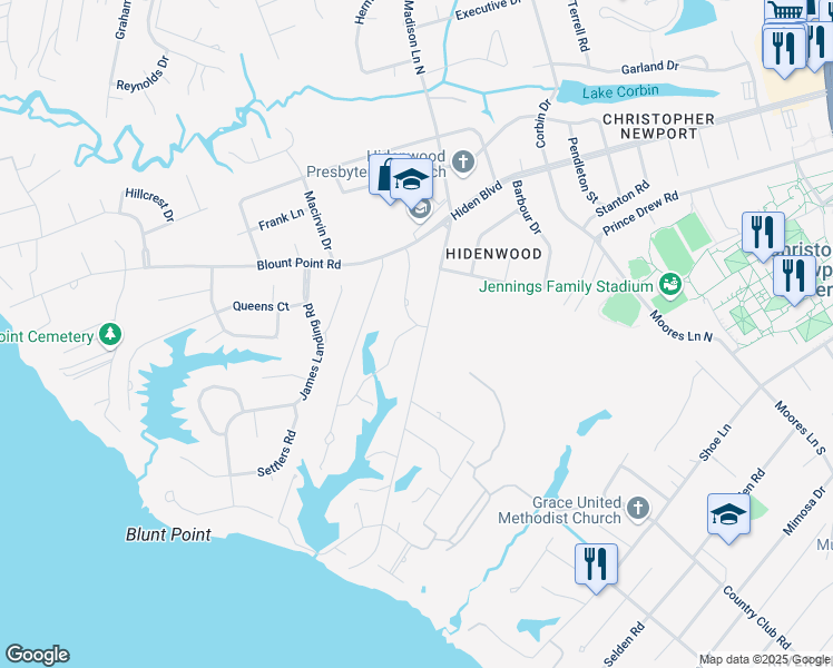 map of restaurants, bars, coffee shops, grocery stores, and more near 18 Madison Lane South in Newport News