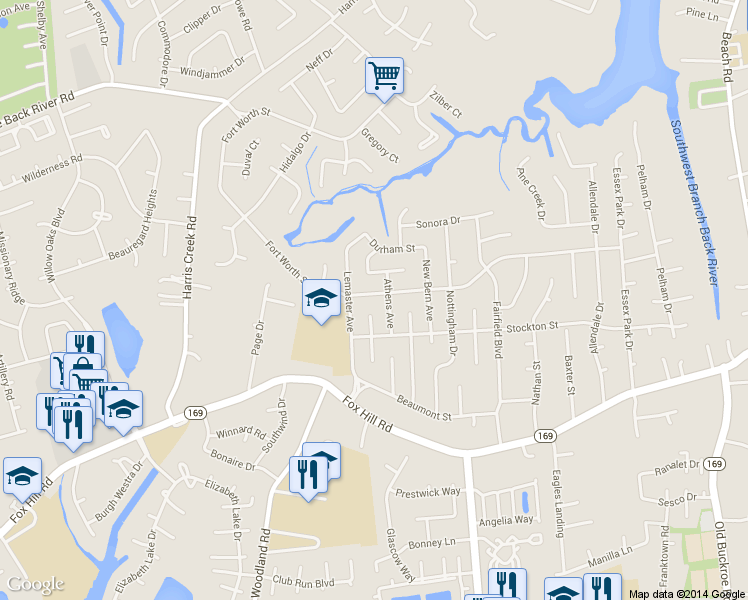 map of restaurants, bars, coffee shops, grocery stores, and more near 418 Fort Worth St in Hampton