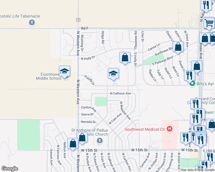 map of restaurants, bars, coffee shops, grocery stores, and more near 2099 Bellaire Avenue in Liberal