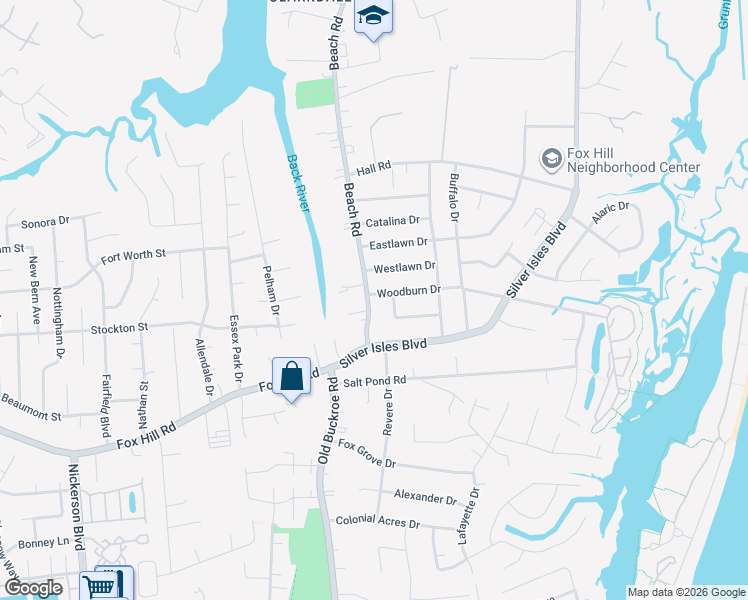 map of restaurants, bars, coffee shops, grocery stores, and more near 38 Beach Road in Hampton