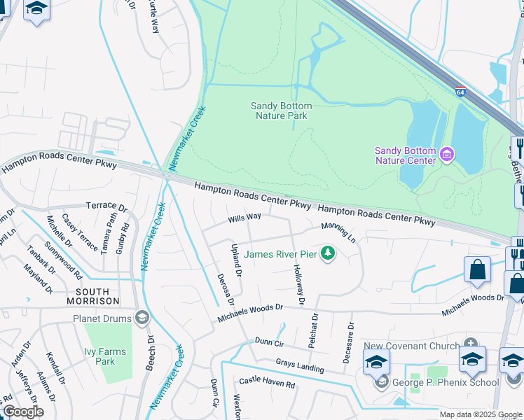 map of restaurants, bars, coffee shops, grocery stores, and more near 29 Wills Way in Hampton