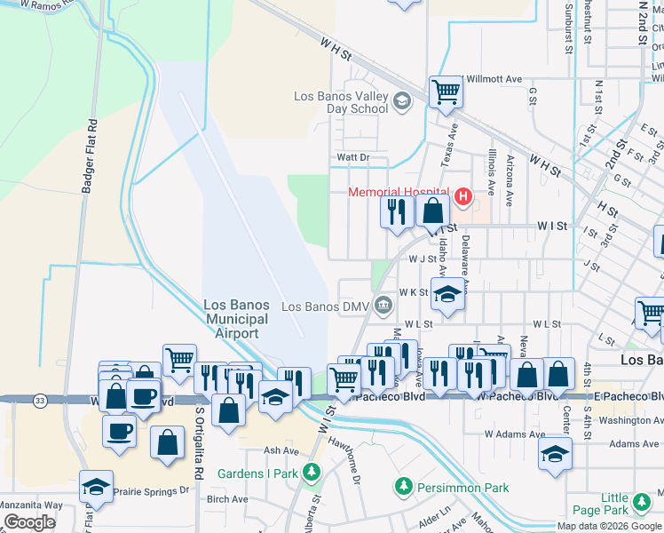 map of restaurants, bars, coffee shops, grocery stores, and more near 1019 West J Street in Los Banos