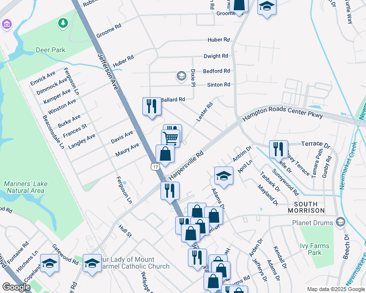 map of restaurants, bars, coffee shops, grocery stores, and more near 438 Lester Road in Newport News