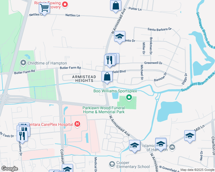 map of restaurants, bars, coffee shops, grocery stores, and more near 2632 North Armistead Avenue in Hampton