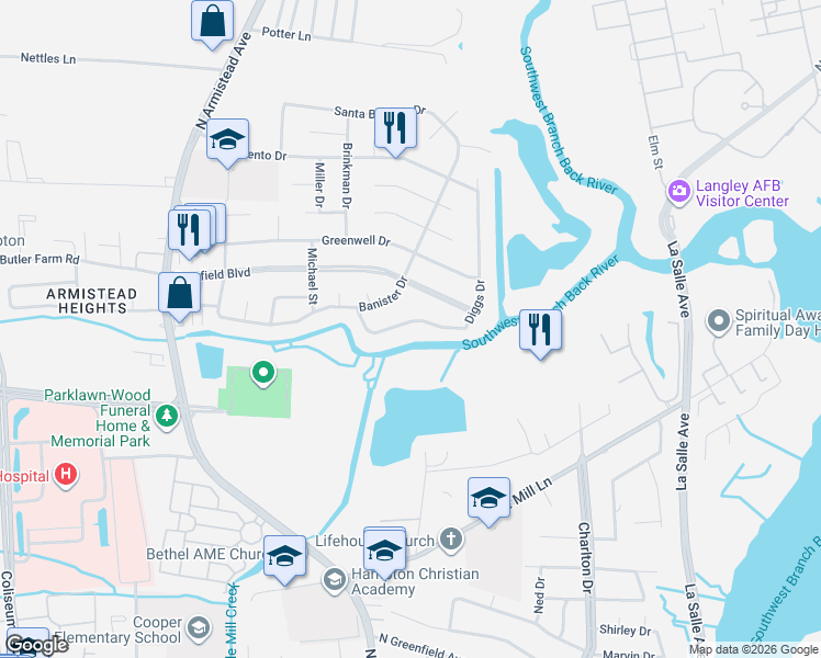 map of restaurants, bars, coffee shops, grocery stores, and more near 22 Diggs Drive in Hampton