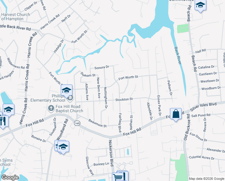 map of restaurants, bars, coffee shops, grocery stores, and more near 710 Kings View Court in Hampton