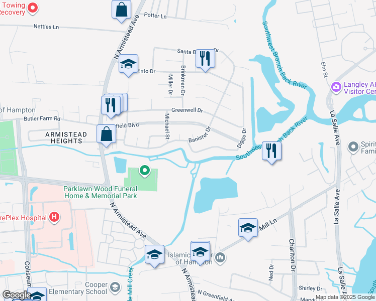 map of restaurants, bars, coffee shops, grocery stores, and more near 6 Diggs Drive in Hampton
