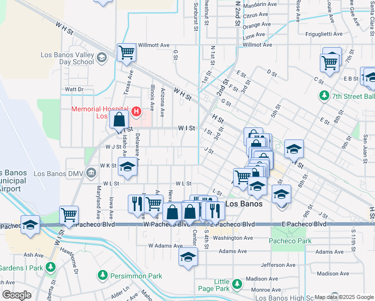 map of restaurants, bars, coffee shops, grocery stores, and more near 35 West J Street in Los Banos