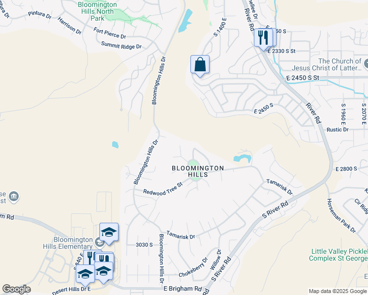 map of restaurants, bars, coffee shops, grocery stores, and more near 2811 South Juniper Circle in St. George