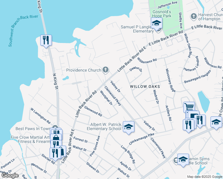 map of restaurants, bars, coffee shops, grocery stores, and more near 11 Clemwood Pkwy in Hampton