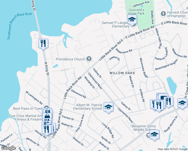 map of restaurants, bars, coffee shops, grocery stores, and more near 11 Clemwood Pkwy in Hampton
