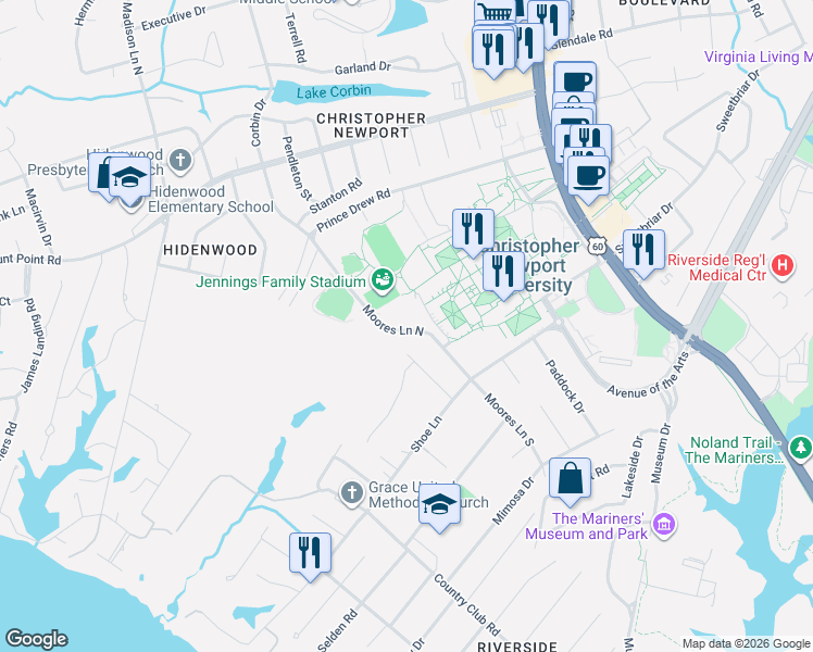 map of restaurants, bars, coffee shops, grocery stores, and more near 38 Moores Lane North in Newport News