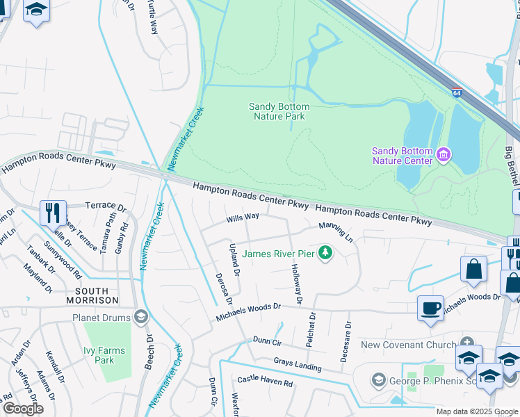 map of restaurants, bars, coffee shops, grocery stores, and more near 29 Wills Way in Hampton