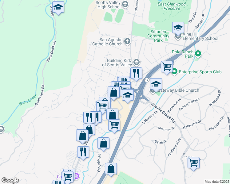 map of restaurants, bars, coffee shops, grocery stores, and more near 5615 Scotts Valley Drive in Scotts Valley