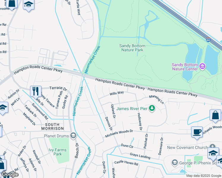 map of restaurants, bars, coffee shops, grocery stores, and more near 6 Mullins Court in Hampton