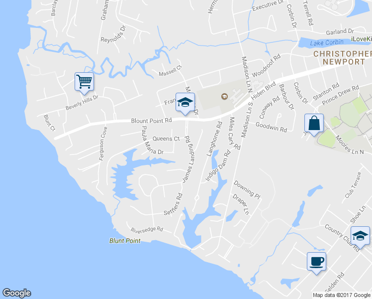 map of restaurants, bars, coffee shops, grocery stores, and more near 119 James Landing Rd in Newport News
