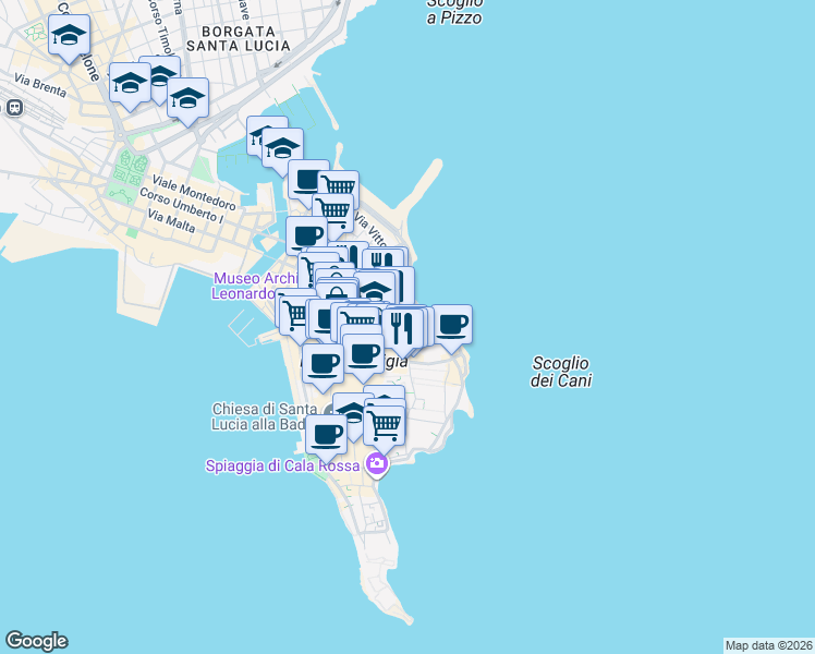 map of restaurants, bars, coffee shops, grocery stores, and more near 17 Via dei Santi Coronati in Syracuse