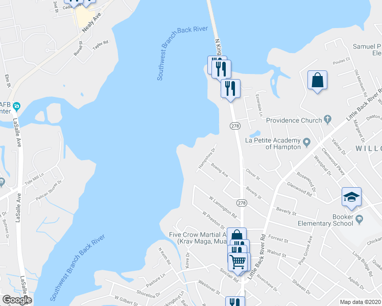 map of restaurants, bars, coffee shops, grocery stores, and more near 23 Hampshire Drive in Hampton