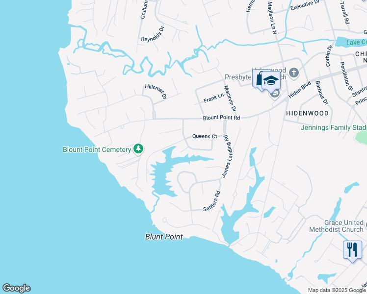 map of restaurants, bars, coffee shops, grocery stores, and more near 7 Valentine Court in Newport News